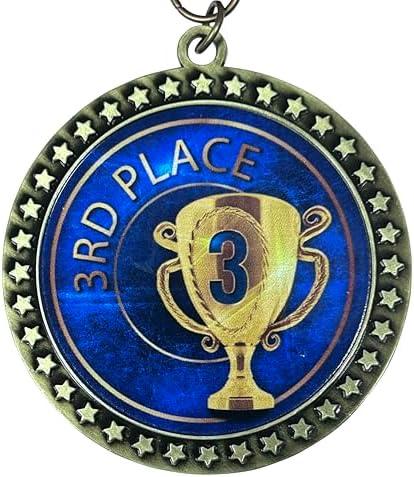 2-1/2 Inch Die-Cast Metal 3rd Place Award Medal with Antique Gold Finish and Red White and Blue Neck Ribbon Trophy Medals Awards Finisher (Pack of 3)