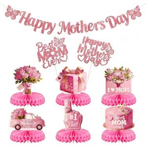 Happy Mother's Day Decorations Set, Glitter Happy Mothers Day Banner Table Centerpieces Cake Toppers Sign Decor for Mothers Day Party Table Decor Supplies