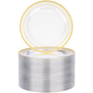 BESTVIP 100PCS 7 Inch Clear Plastic Dessert Plates, Small Disposable Salad Plate with Gold Rim, Heavy Duty Plastic Small Cakes Plates for Party, Wedding and Birthday, Events