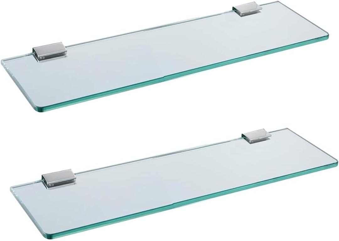 Glass Bathroom Shelf Wall Mounted 9.84 inches Tempered Glass Stainless Steel Tempered Transparent Glass with Chrome Bracket for Bathroom Bedroom Kitchen (2PC)