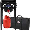 Hike Crew Cast Iron 1-Burner Outdoor Gas Stove | 75,000 BTU Portable Propane-Powered Cooktop w/Blue Flame Control, Removable Legs, Temperature Setting Knobs | Wind Panel, Hose Regulator & Storage Bag