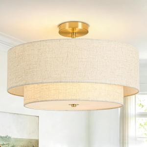 19.7" Semi Flush Mount Ceiling Light, 4-Light Drum Ceiling Light Fixture | 2-Tier Fabric Linen Shade Design, Modern Classic Style, for Dining Room, Living Room, Bedroom, Hallway, Entryway, Brass Gold
