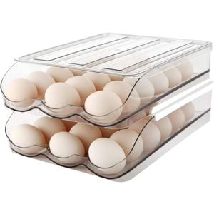 Egg Holder for Fridge, Automatically Rolling Egg Storage Container for Refrigerator, Large Capacity Egg Organizer for Fridge with Lid, Clear Plastic Dispenser, Tray & Bin -2 Layer