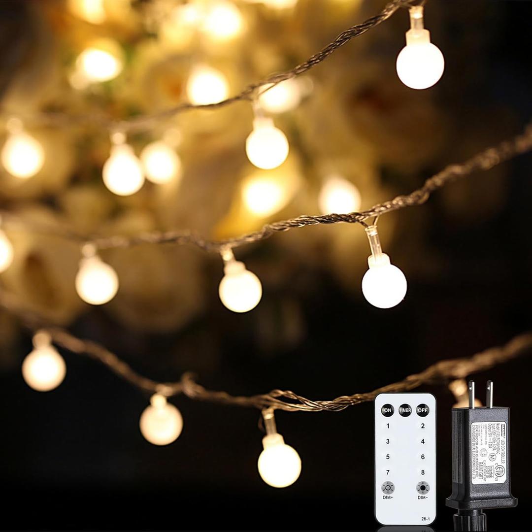 Globe String Lights, 59 Ft 100 LED Christmas Lights with Remote Timer, Connectable Plug in Twinkle Lights for Bedroom Wedding Classroom Indoor Outdoor Decor, Warm White
