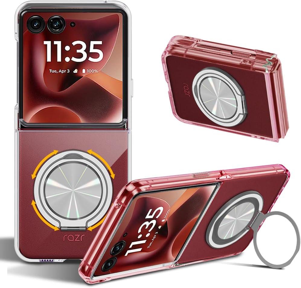 Compatible for Motorola Moto Razr Ultra 2025 Phone Case, 360 Rotatable Ring Holder Kickstand [Non Yellowing] Transparent 4 Corners Shockproof Protective Case for Moto Razr Ultra 2025 - Crystal Clear
