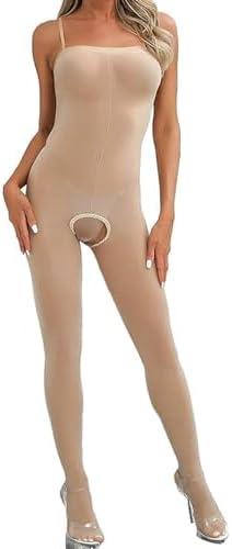 Women's Bodysuits Pantyhose Bodystocking Ultra Shimmery Stretch Toe to Bust Crotchless Body Stocking Lingerie (Nude)