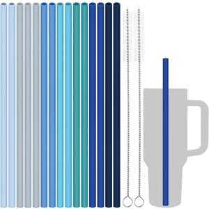 Tomorotec 15-Pack 12" Reusable Silicone Drinking Straws Fit for Stanley Tumblers 20, 30, 40 oz with 2 Cleaning Brushes, BPA-Free Food-Grade Vibrant Colors Flexible Straws for Family Use (Sea Colors)