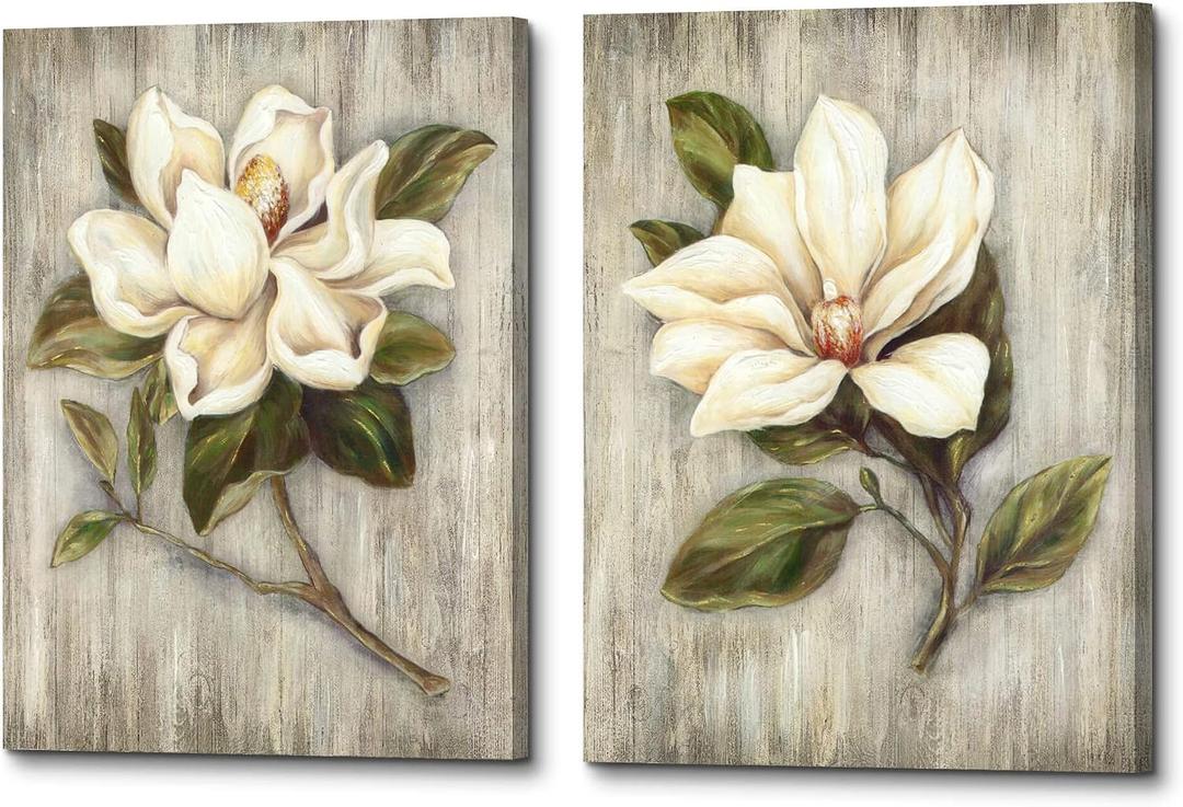 ArtSquare Magnolia Floral Canvas Wall Art: White Flower Artwork on Wood Texture Rustic Nature Blossom Painting Elegant Nature Picture Ready to Hang Prints for Bedroom Kitchen Dining Room
