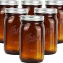 32 oz Wide Mouth Amber Glass Mason Jars (6 Pack) - BPA Free, Air Tight, Leak Resistant - Quart Mason Jars for Canning, Storing Food, Spices, and Meal Prep