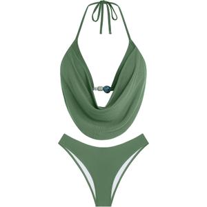ZAFUL Women's Two Piece Bikini Sets Triangle Halter Swimsuit Deep V Cowl Neck Ruching Bathing Suits M