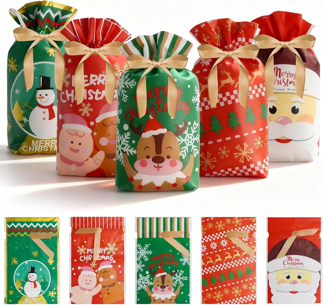 Wyegey 50 Pcs Small Christmas Gift Bags, Christmas Treat Bags Candy Goodies Bag Plastic Drawstring Bags for Gift Giving, Party Favors (1 Count (Pack of 50))