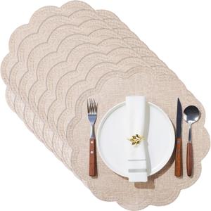 12 Pcs Round Flower Shape Waterproof Placemats, PU Leather Washable Table Mats Non-Slip for Kitchen Dining Table Decoration (Beige)