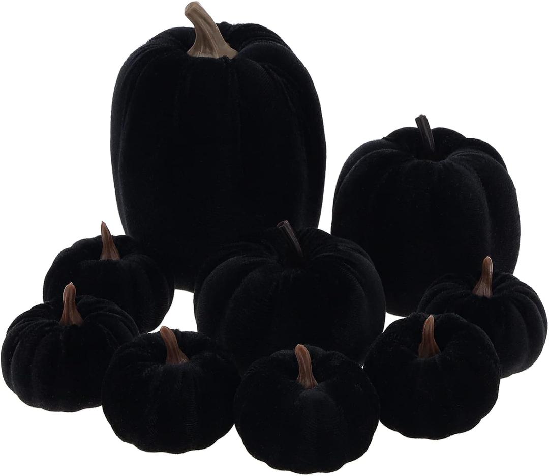 9Pcs Black Mini Halloween Pumpkins Artificial Velvet Fabric Pumpkin Assorted Fall Mantel Table Centerpiece Farmhouse Kitchen Thanksgiving Decorations