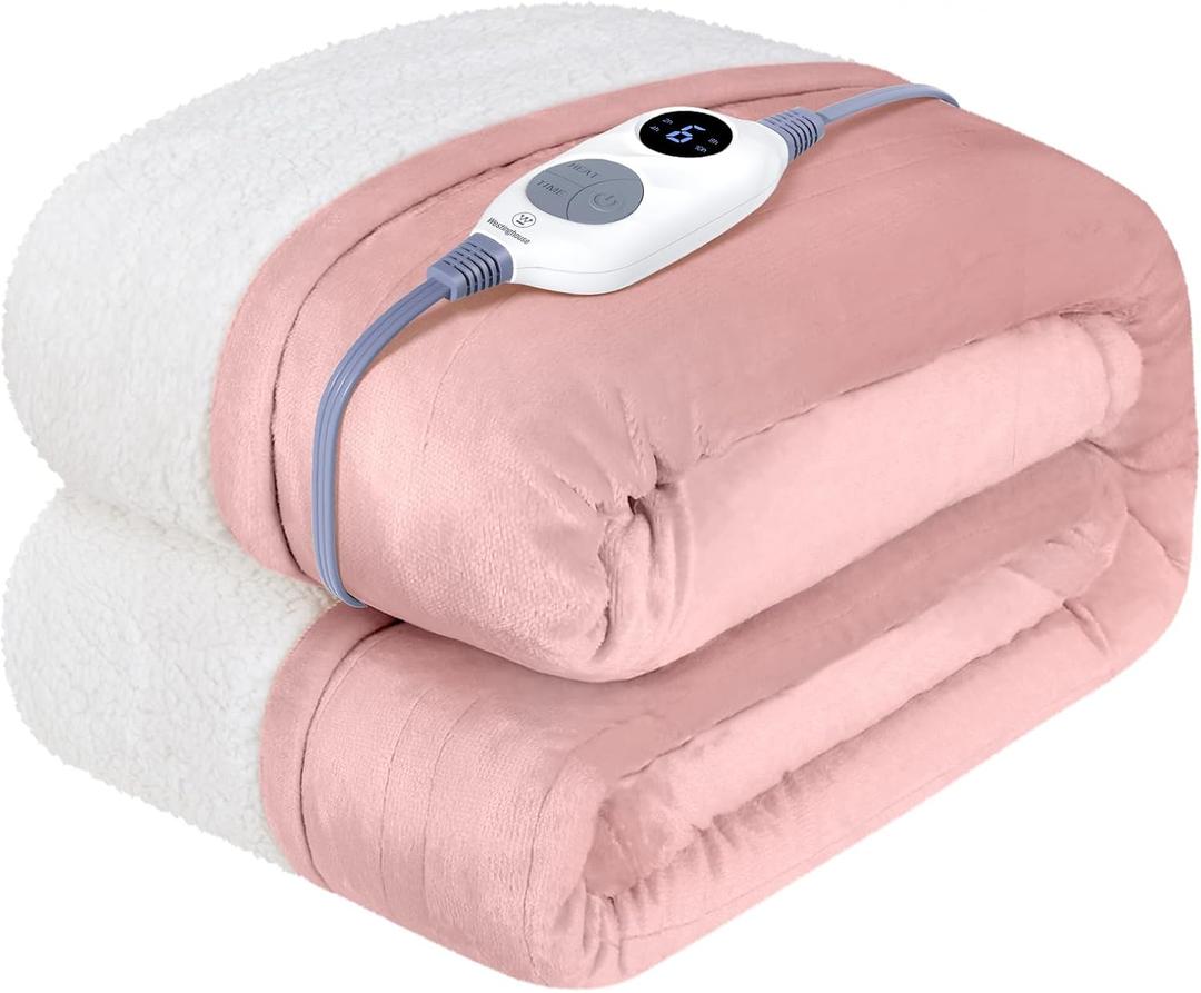 Westinghouse Heated Blanket Throw, Soft Flannel to Sherpa Electric Blanket with 10 Heating Levels, 12 Hours Auto Off, Fast Heating, Machine Washable, 50x60 Inch, Pink