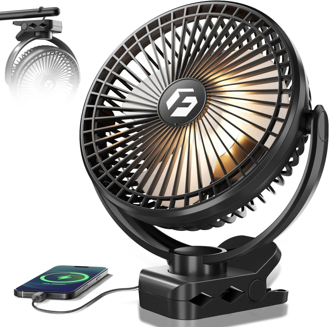 FRIZCOL 20000mAh 8 Inch Portable Clip On Fan,Battery Operated Golf Cart Fan with Lights, USB Fans Small Desk Fans Personal Quiet Fans for Office Stroller Bedroom and Camping