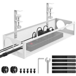 Under Desk Cable Management Tray No Drill 15.1, Metal Mesh Cable Management Box with Hybrid Side Slots & Reinforced Basket,Adjustable Cable Tray with Wire Management for Office Home,1 Pack (White)