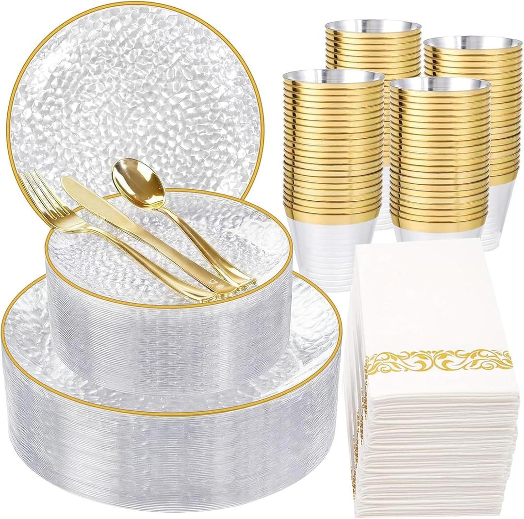 Rubtlamp 350 Pcs Clear Gold Plastic Plates, Hammered Disposable Dinnerware, Clear-Gold Plates Set Include 100 Plastic Platos, 150 Gold Disposable Silverware, 50 Cups And 50 Napkins for Party