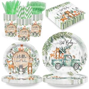 168PCS Woodland Baby Shower Party Supplies for Boys Girls Kids Winter Forest Party Decorations Jungle Animals Themed Plates and Napkins Cups Forks Knives and Straw Tableware Serve 24 Guests