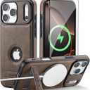 Casus Designed for iPhone 17 Pro Max Case with MagSafe, Slim Kickstand Vegan Leather Protective Cover with Tempered Glass Screen Protector, 6.9 Inch (2025), Gray