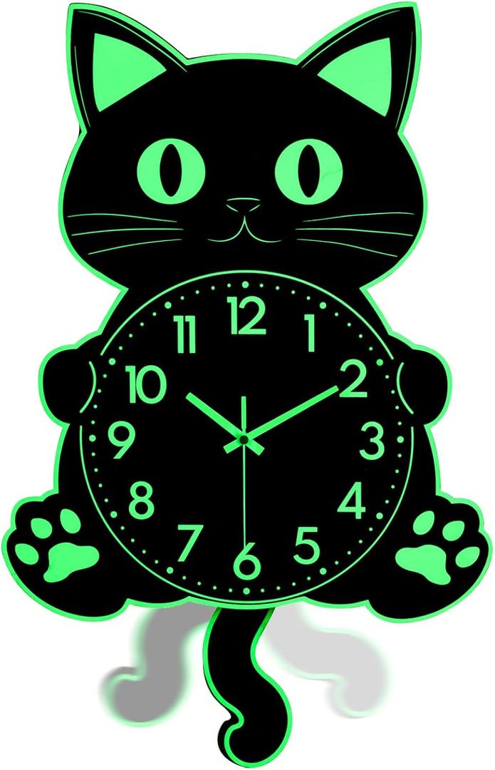 JoFomp 20 Inch Wooden Cat Clock with Moving Tail, Glow in The Dark Wall Clocks Battery Operated, Large Wall Clocks for Living Room Decor, Silent Wall Clock for Bedroom Night Glow, Lighted Wall Clock