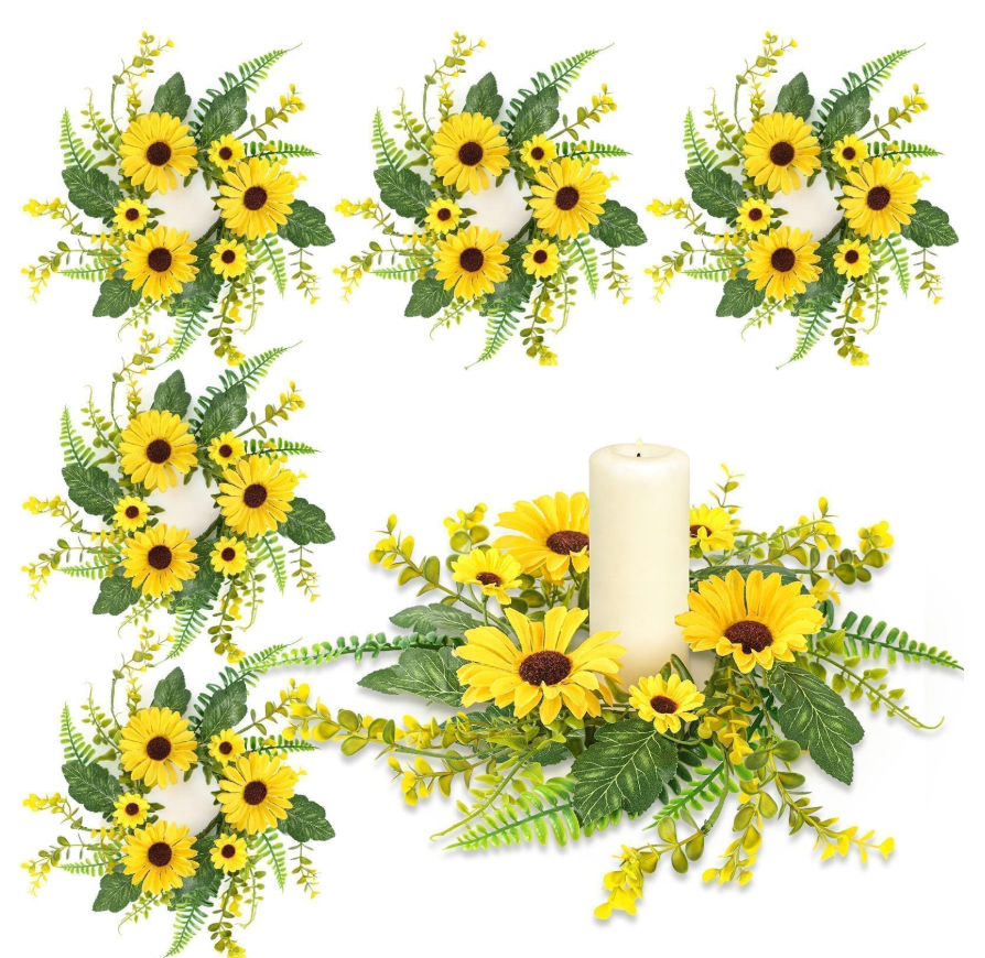 6Pcs Sunflower Wreath for Front Door Artificial Sunflower Spring Summer Table Centerpieces Wreath Fake Yellow Floral Candle Rings Wreaths for Pillars Cabinets Wedding Table Home Décor