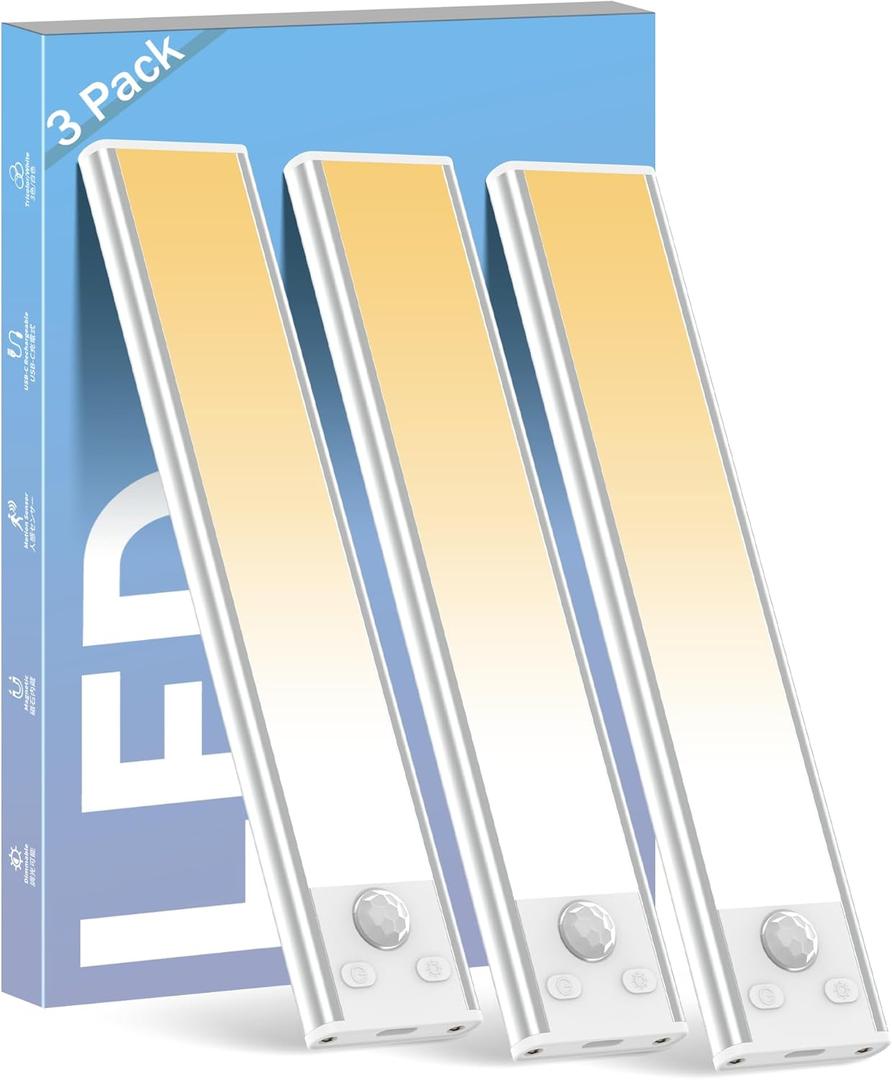 ASOKO Under Cabinet Lights Motion Sensor Light Indoor 3-Colors USB-C Rechargeable LED Closet Lights Battery Operated Wireless Magnetic Light Strip for Kitchen(Silver-3 Colors Light, 3 Pack-7.8inch)