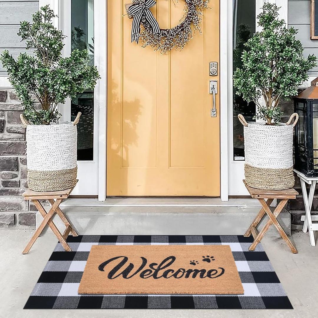 Welcome Door Mats Combo Set, 100% Coco Coir Front Doormat with Cute Pet Paw Prints + 28" x 43" Black and White Plaid Rug, Spring Easter Porch Entryway Decor Indoor Outdoor Floor Mats