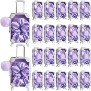 LemonRoad 60 Pcs Mini Empty Suitcase Storage Box with Plush Ball Keychain and Scrunchies for Baby Shower Bride Shower Clear Candy Luggage Containers Packaging Case (Purple)