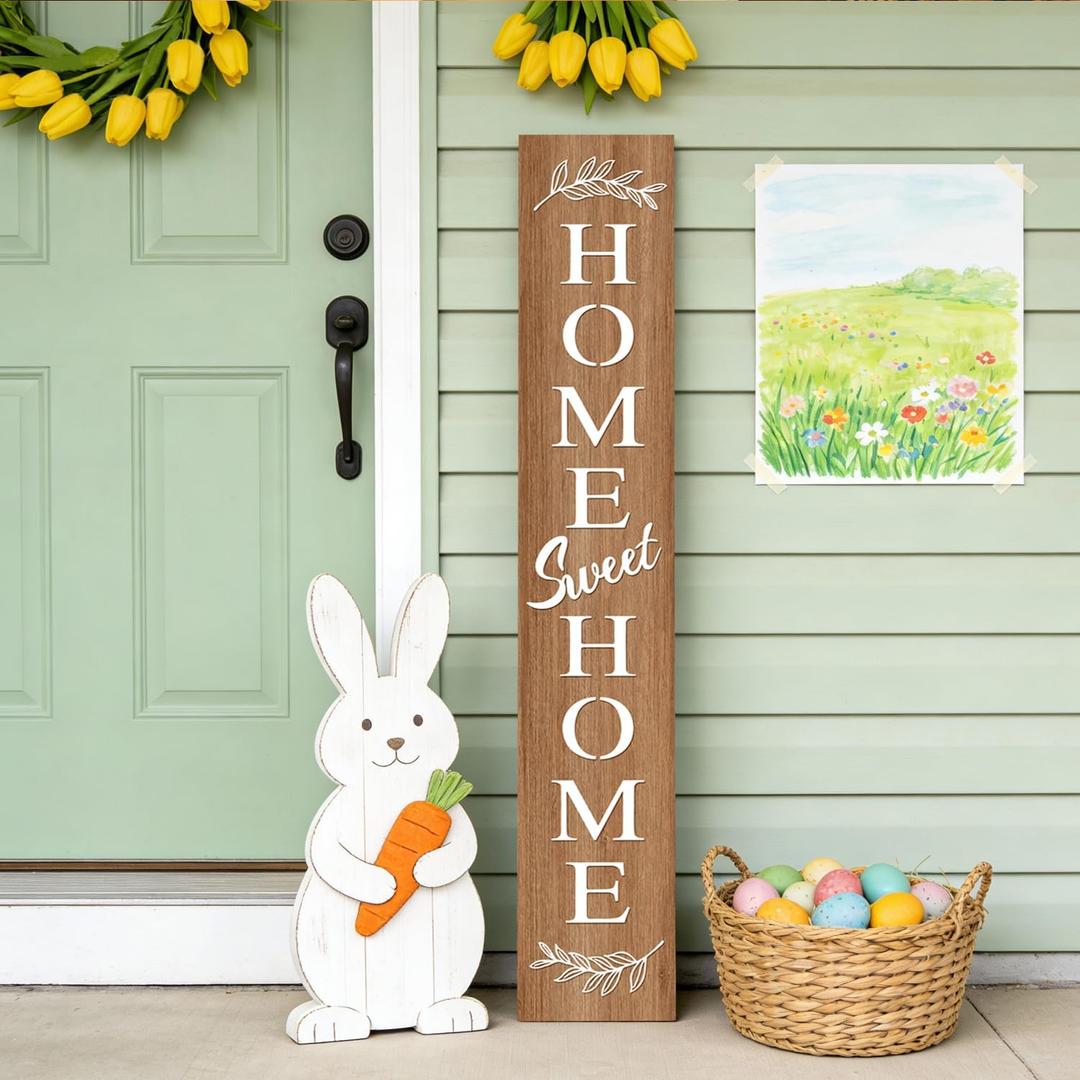 Farmhouse Wooden Welcome Sign Stand for Front Door, 47" Rustic Large Home Sweet Home Welcome Sign for front porch, Vertical Tall Xmas Gift Porch Leaner Decor for Outdoor Patio Garden, Natural Board, 7.8" x 47.2", Basic Design-Single Side