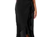 KIRUNDO Women 2025 Summer Fall Satin Mock Neck Wedding Guest Party Cocktail Midi Dress Sleeveless Wrap Ruffle Formal Dresses (Large, Black)