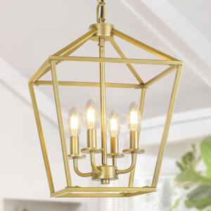 4 Light Gold Chandelier, Industrial Ceiling Light Lantern Light Fixtures with Farmhouse Metal Cage Adjustable Height Rustic Geometric Hanging Light E12 Base for Kitchen Island, Entryway, Indoor
