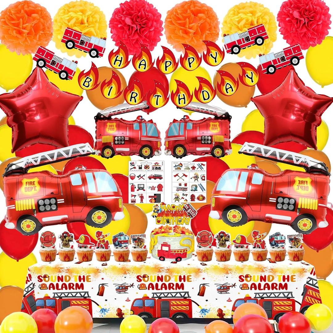 Fire Truck Theme Party Supplies set : Decorations with Happy Birthday Banner , Table Covers , Foil & Latex Balloons . Cake Topper , Paper Pom , Firefighter Tattoo Sticker. Perfect for kids Party !