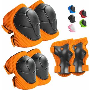 Kids Protective Gear Set Knee Pads for Kids Knee and Elbow Pads with Wrist Guards 3 in 1 for Skating Cycling Bike Rollerblading Scooter (Orange Black), Size: S(3-8Years)