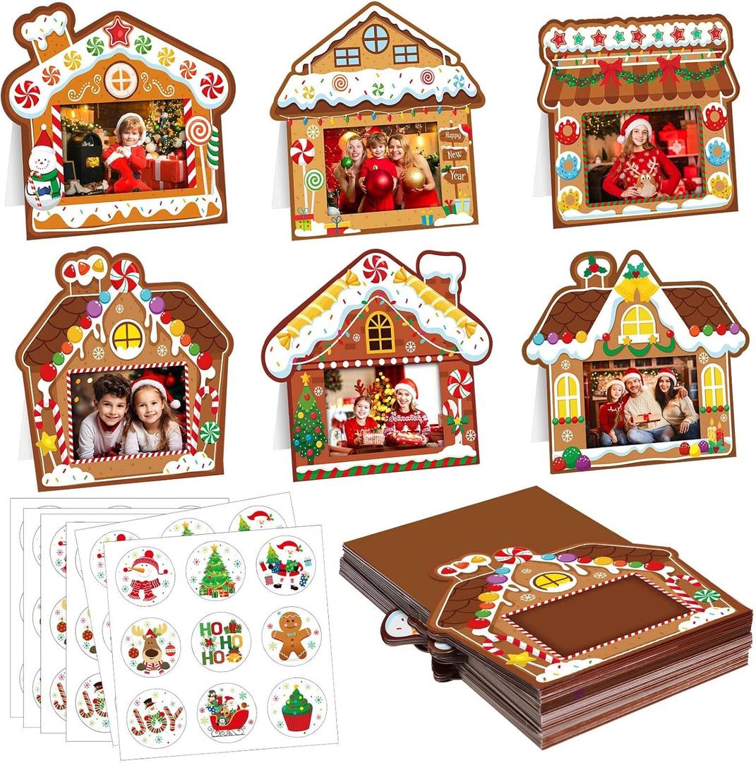 48 Sets Christmas Photo Cards with Envelopes Stickers Christmas Cards with 4 x 6 Photo Insert Picture Frame Holders for Xmas Holiday Greeting Supplies (Gingerbread House, White)