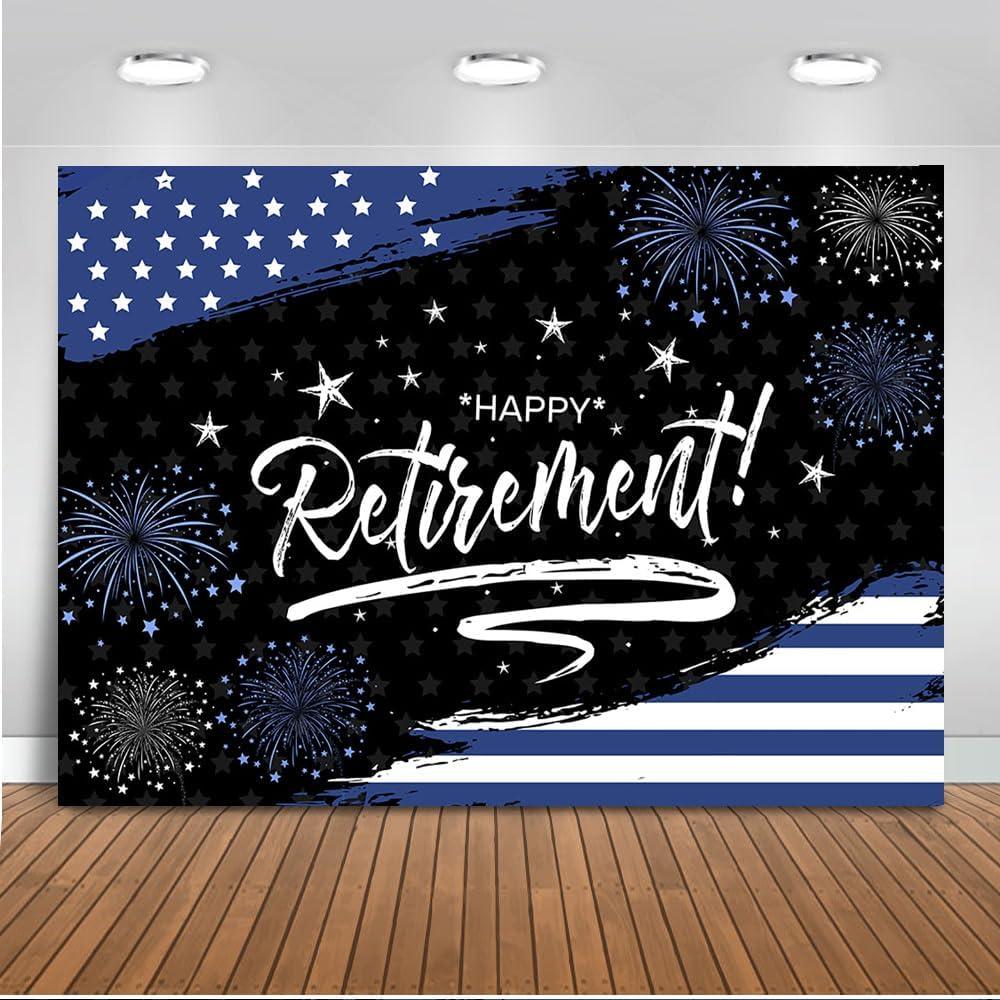 Mocsicka Happy Retirement Backdrop - Navy Blue Police Retirement Party Decorations, Flag and Firework Congrats Photo Booth Prop (7x5ft)