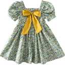 Toddler Girls Floral Dress Square Neck Puff Sleeve A-Line Smocked Dress with Bag Toddler Girls Summer Outfits (18-24 Months, Green-no Bag)