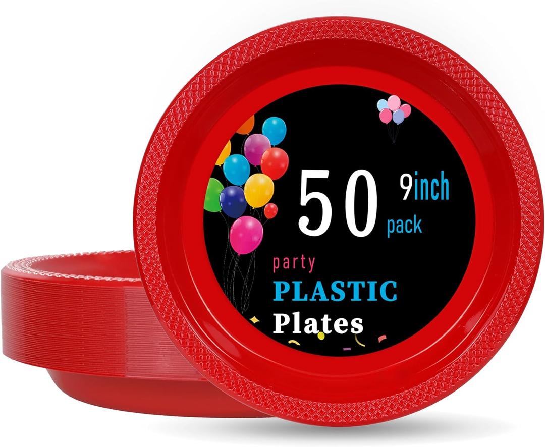 WELLIFE Red Plastic Plates 9 Inch 50 Count Disposable Plate for Party Easter Mother's Day, Plate for Dinner Dessert Supplies Birthday Camping BBQ Baby Shower