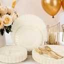 YOUBET 100PCS Ivory Scalloped Plastic Plates - Heavy Duty Disposable Fancy Hard Plates Include 50 Dinner Plate, 50 Dessert Plate, for Wedding & Party