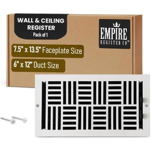 Empire Register Co, Ceiling & Wall Vent Cover - 6x12 inch, Art Nouveau Design, White Finish, Metal Damper Attached, Measure Wall Hole Dimensions (not for Floor use)
