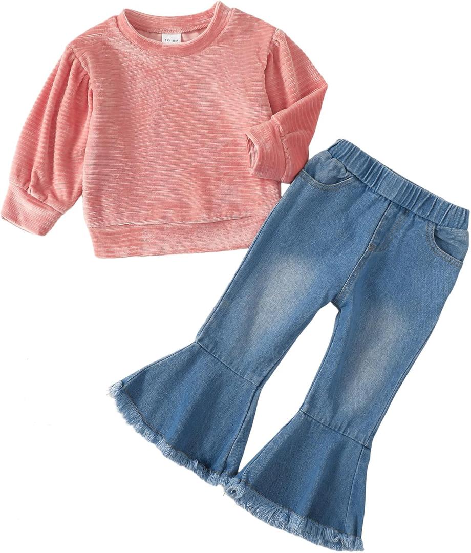 Mioglrie Toddler Baby Girl Clothes 2T 3T 4T 12 18 24 Months Toddler Fall Winter Girls Outfit Jeans Pants Clothing Set (Pink)