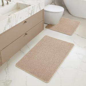 MIULEE Set of 2 Ultra Thin Bathroom Rugs, Rubber Bath Mat, U-Shaped Toilet Rug for Bathroom, Non Slip Quick Dry Absorbent Machine Washable, Fit Under Door, Shower, Sink, Beige, 17"x27"+20"x24"