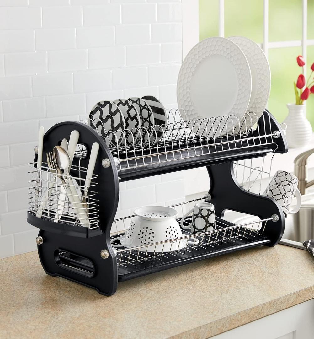 Montgomery Ward Retro 2-Tier Dish Rack, Space-Saving Design, Durable Plastic and Chrome-Plated Wire, Easy Assembly (Black)