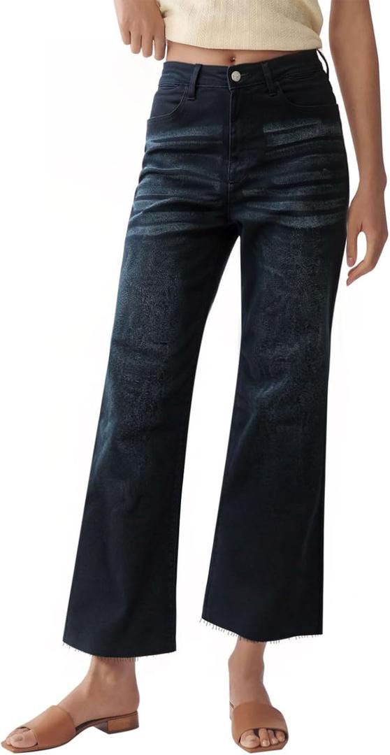 PEIHOT Wide Leg High Waisted Jeans for Women Trendy Stretchy Cropped Straight Leg Flare Jeans Frayed Hem Baggy Denim Pants (Black)