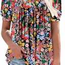 BETTE BOUTIK Women's Short Sleeve Summer Tunic Tops Flowy Flare Button Down Tunic Shirts Blouses M