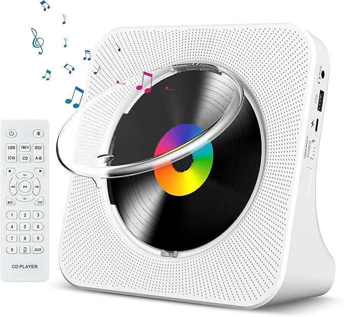 Gueray CD Player Portable Bluetooth Desktop CD Player for Home with Timer Builtin HiFi Speakers with LCD Screen Display Boombox FM Radio USB Typec (White)