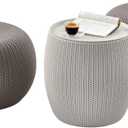 KETER Urban Knit Pouf Ottoman Set of 2 with Storage Table for Patio and Room Dcor-Perfect for Balcony, Deck, and Outdoor Seating, Cream & Taupe, Medium