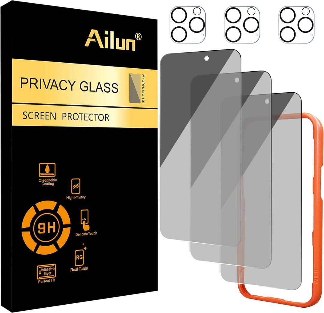 Ailun 3 Pack Privacy Screen Protector for iPhone 16 Pro Max [6.9 inch]+ 3 Pack Camera Lens Protector, Dynamic Island Compatible, Anti Spy Tempered Glass [9H Hardness] [Not for iPhone 16e/16/16Pro/16Plus]