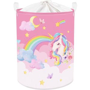 Clastyle 45L Pink Unicorn Laundry Basket for Girls Round Rainbow Kids Laundry Hamper Moon Stars Flower Cloud Toy Clothes Storage Basket