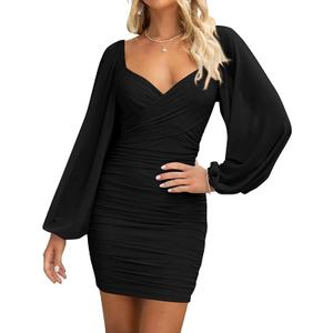 BTFBM 2025 Womens Summer Spring Bodycon Dress Cross V Neck Ruched Mesh Long Sleeve Party Short Formal Cocktail Dresses M