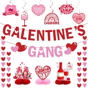 Galentines Gang Banner: Happy Valentines Day Party Decorations Red Pink Glittery Heart Garland Happy Galentines Day Bachelorette Floral Bridal Shower Anniversary Red and Pink Glitter Party Supplies